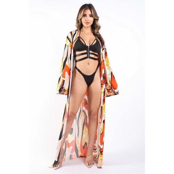 Other - Women's Printed Beachwear Cover Up Swimsuit Long Sleeve Orange & Royal Combo